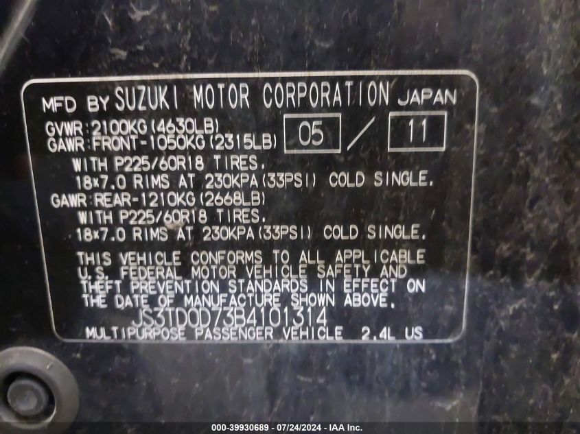 JS3TD0D73B4101314 2011 Suzuki Grand Vitara Limited