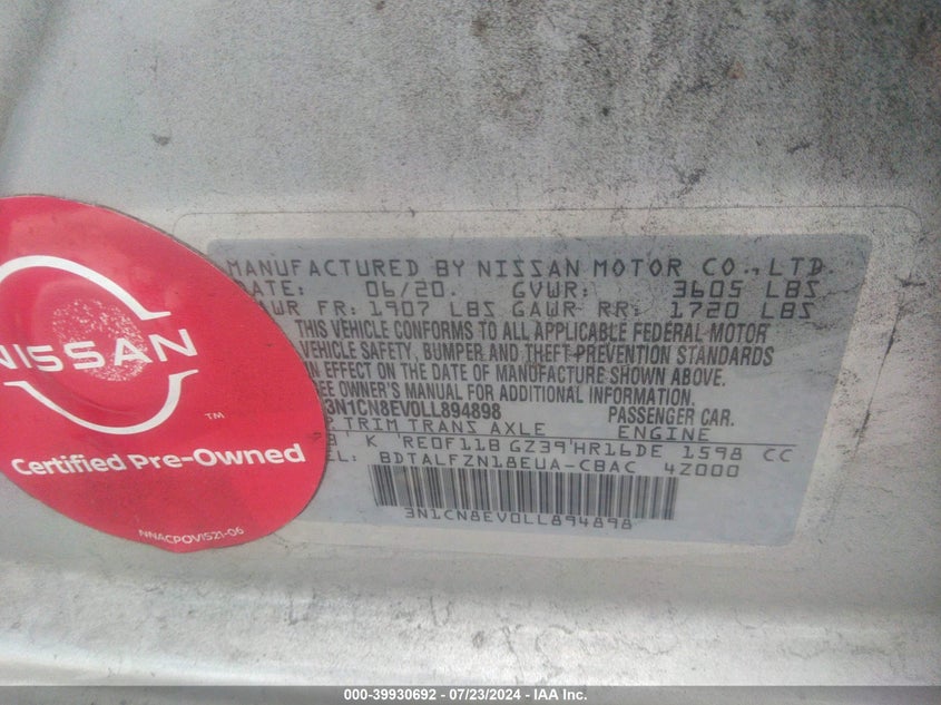 2020 NISSAN VERSA SV - 3N1CN8EV0LL894898