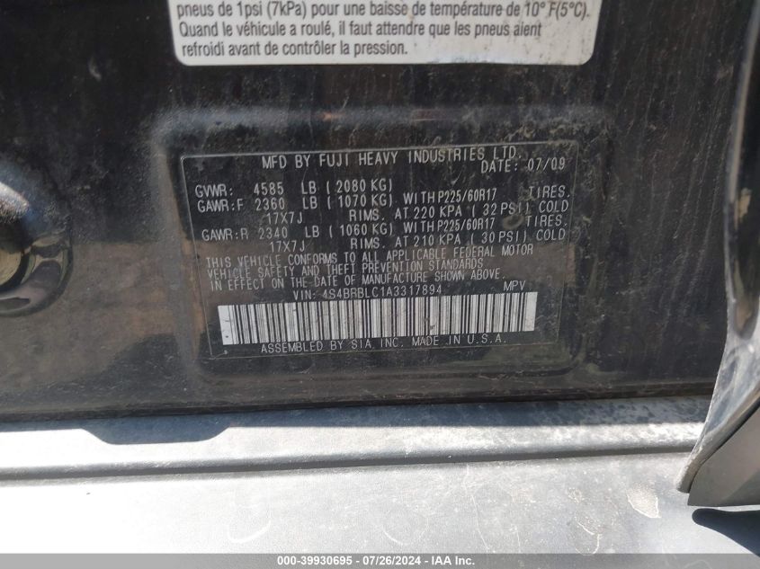 2010 Subaru Outback 2.5I Limited VIN: 4S4BRBLC1A3317894 Lot: 39930695