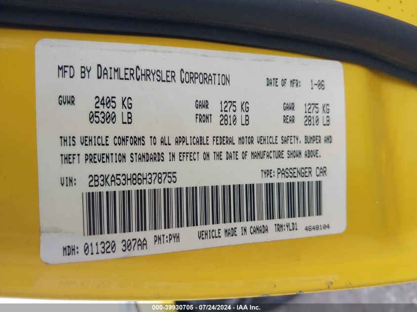 2006 Dodge Charger Rt VIN: 2B3KA53H86H378755 Lot: 39930705