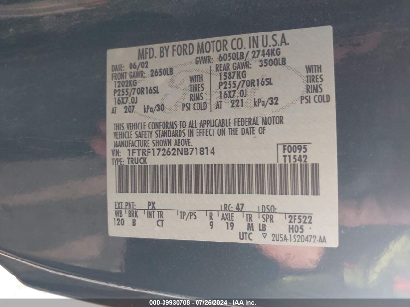 2002 Ford F-150 Xl/Xlt VIN: 1FTRF17262NB71814 Lot: 39930708