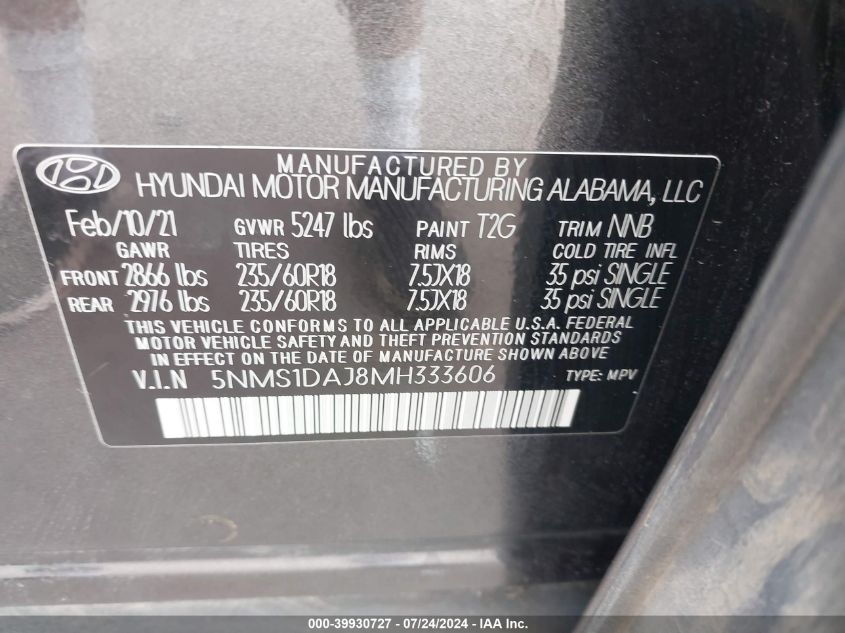 2021 Hyundai Santa Fe Se VIN: 5NMS1DAJ8MH333606 Lot: 39930727