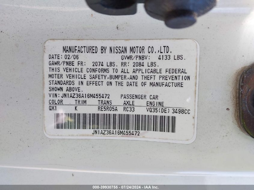 2006 Nissan 350Z Roadster VIN: JN1AZ36A16M455472 Lot: 39930755