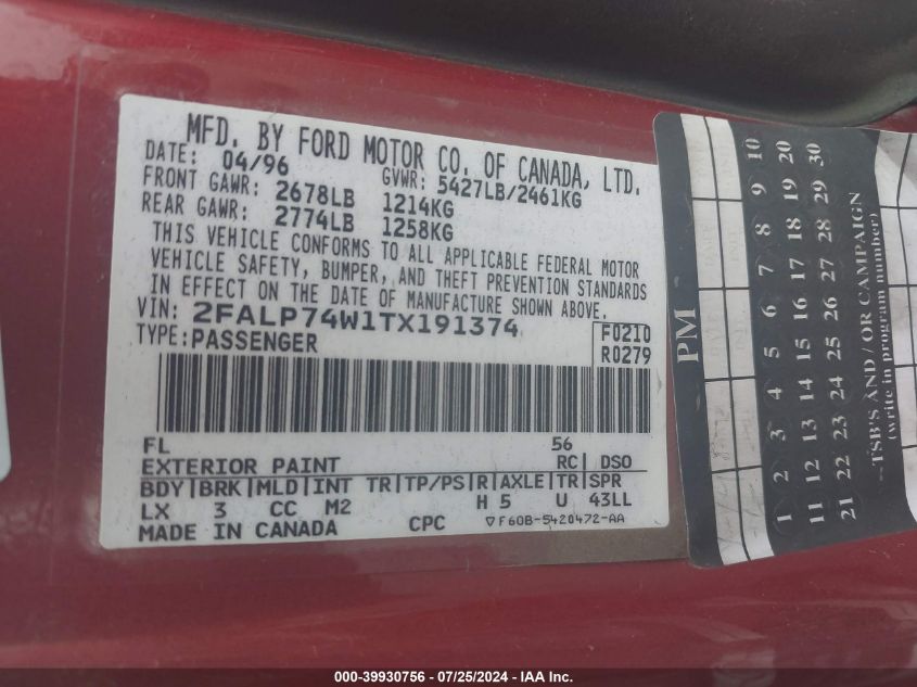 1996 Ford Crown Victoria Lx VIN: 2FALP74W1TX191374 Lot: 39930756