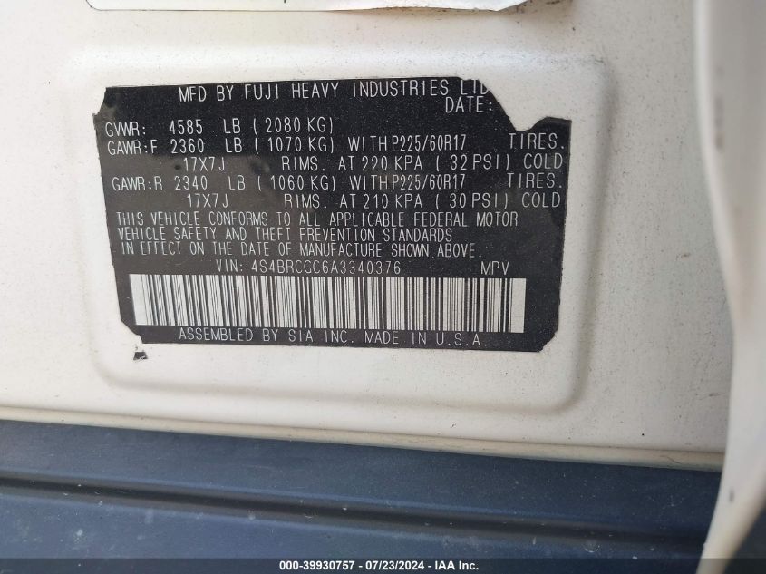 2010 Subaru Outback 2.5I Premium VIN: 4S4BRCGC6A3340376 Lot: 39930757