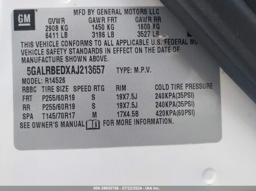 2010 Buick Enclave 1Xl VIN: 5GALRBEDXAJ213657 Lot: 39930766