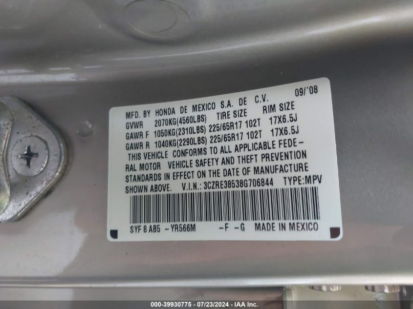 2008 Honda Cr-V Ex VIN: 3CZRE38538G706844 Lot: 39930775