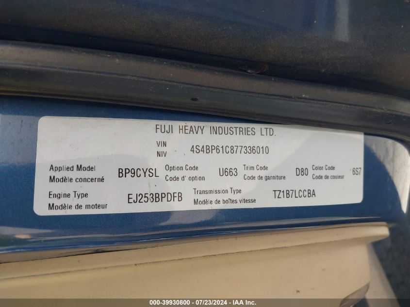 2007 Subaru Outback 2.5I Basic VIN: 4S4BP61C877336010 Lot: 39930800