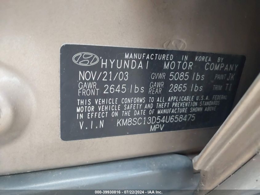 KM8SC13D544658475 2004 Hyundai Santa Fe Gls