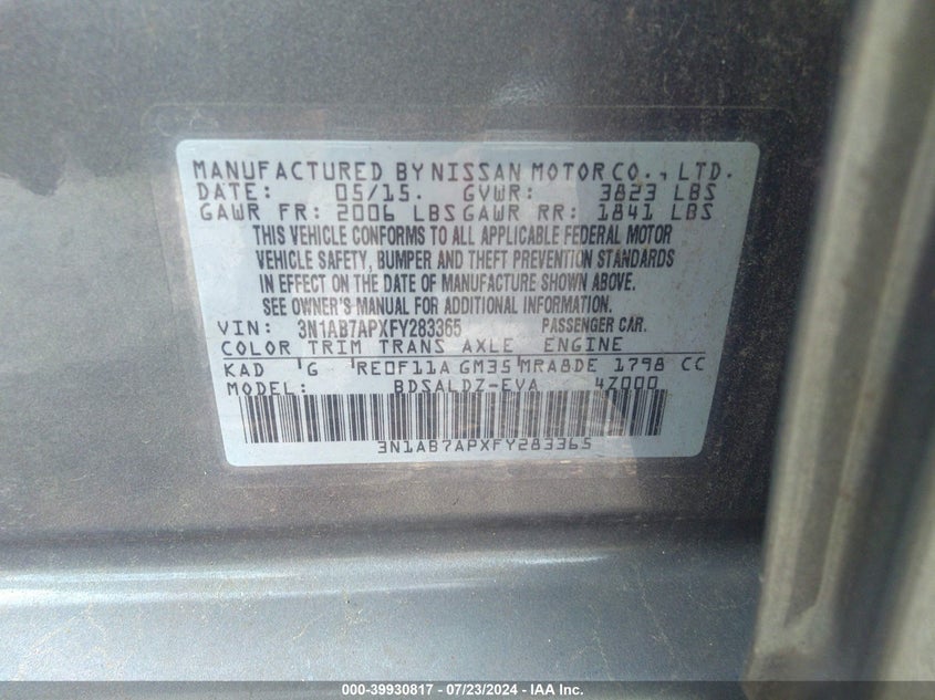 2015 Nissan Sentra Sv VIN: 3N1AB7APXFY283365 Lot: 39930817