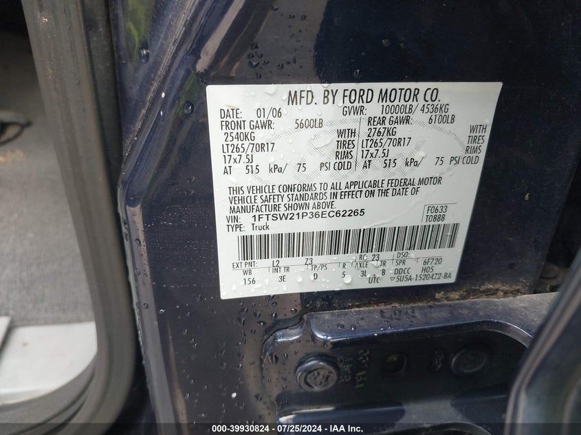 2006 Ford F-250 Lariat/Xl/Xlt VIN: 1FTSW21P36EC62265 Lot: 39930824