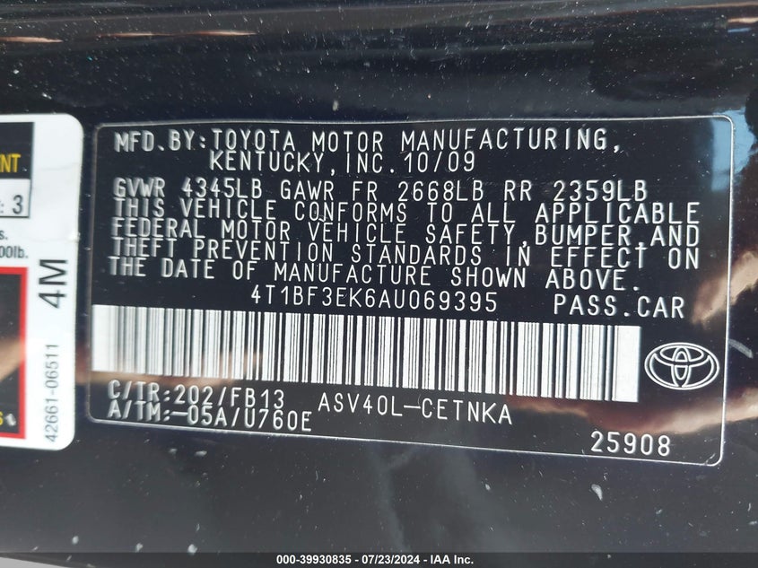 2010 Toyota Camry Le VIN: 4T1BF3EK6AU069395 Lot: 39930835