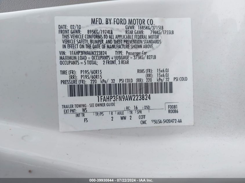 1FAHP3FN9AW223824 | 2010 FORD FOCUS