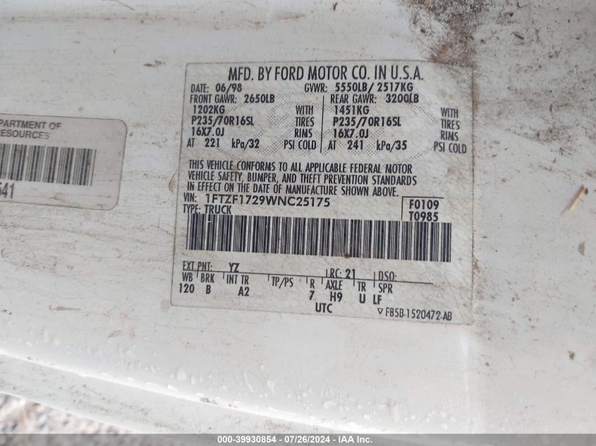 1998 Ford F-150 Standard/Xl/Xlt VIN: 1FTZF1729WNC25175 Lot: 39930854