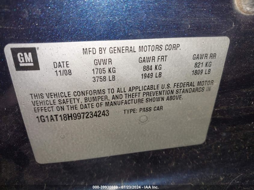 2009 Chevrolet Cobalt Lt VIN: 1G1AT18H997234243 Lot: 39930859