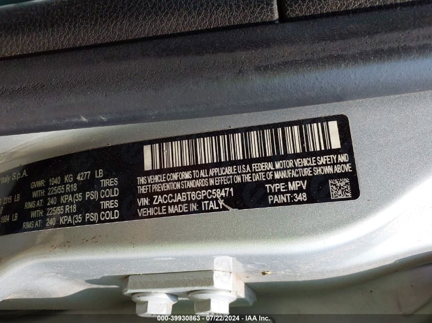 2016 Jeep Renegade Latitude VIN: ZACCJABT6GPC58471 Lot: 39930863