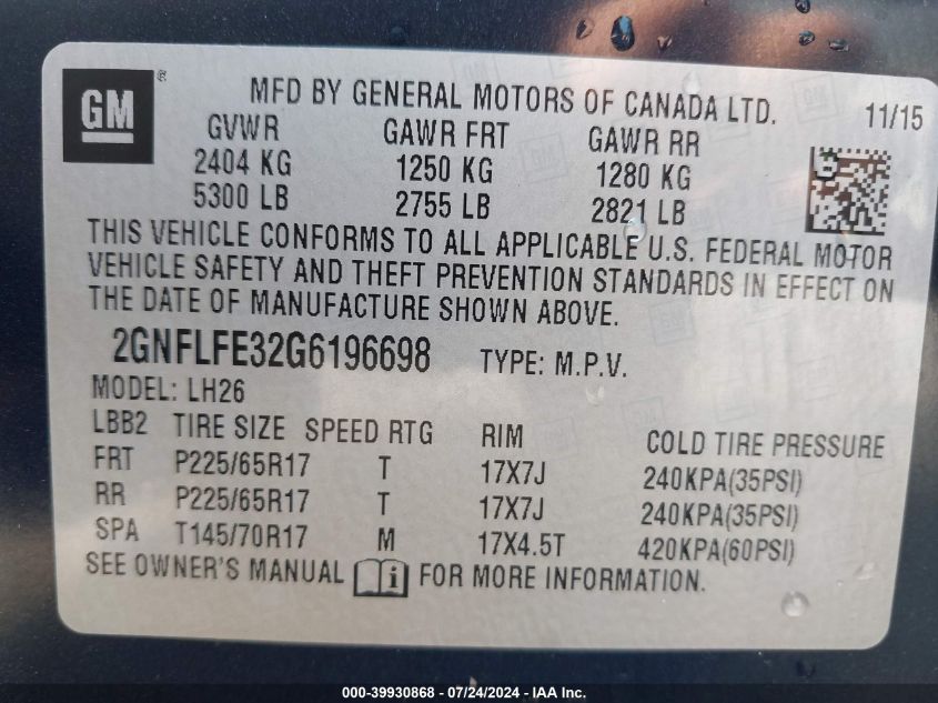 2016 Chevrolet Equinox Lt VIN: 2GNFLFE32G6196698 Lot: 39930868