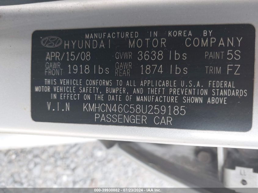 2008 Hyundai Accent Gls VIN: KMHCN46C58U259185 Lot: 39930882