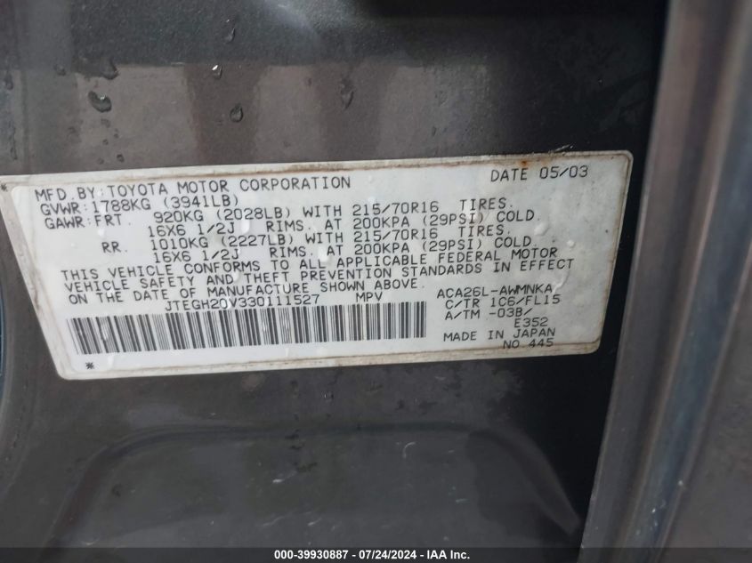 2003 Toyota Rav4 VIN: JTEGH20V330111527 Lot: 39930887