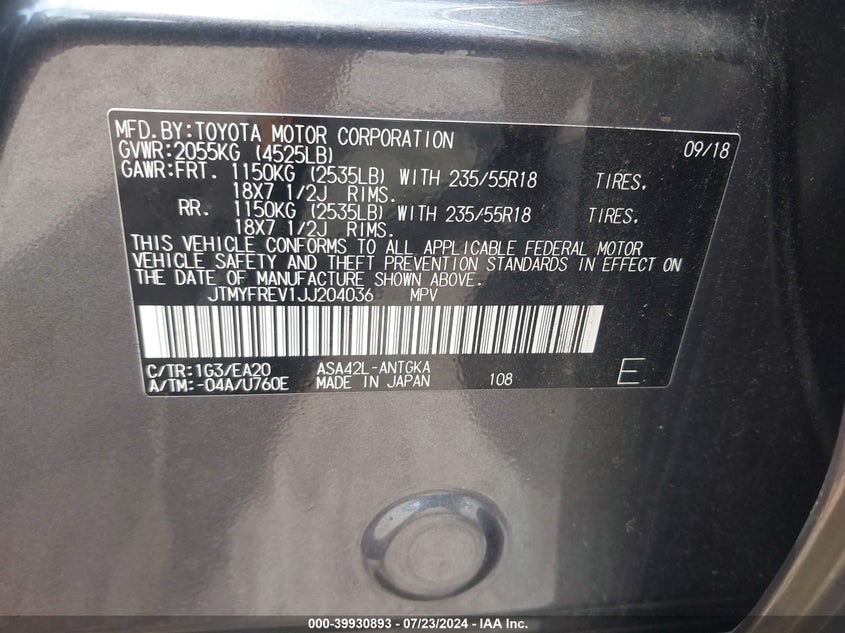 2018 TOYOTA RAV4 LIMITED - JTMYFREV1JJ204036