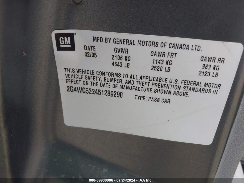 2005 Buick Lacrosse Cx VIN: 2G4WC532451289290 Lot: 39930906