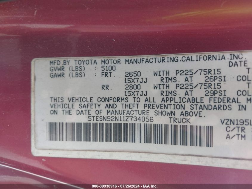 2001 Toyota Tacoma Prerunner V6 VIN: 5TESN92N11Z734056 Lot: 39930916