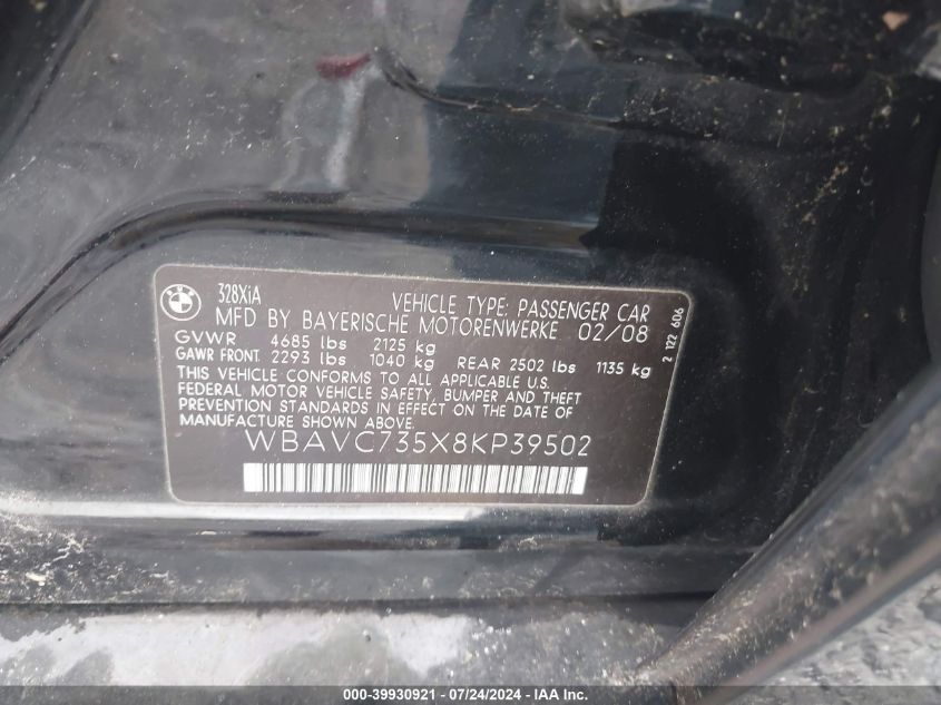 2008 BMW 328Xi Xi Sulev VIN: WBAVC735X8KP39502 Lot: 39930921