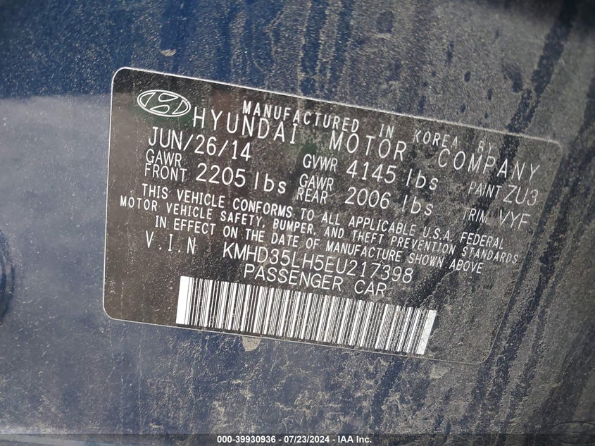 2014 Hyundai Elantra Gt VIN: KMHD35LH5EU217398 Lot: 39930936