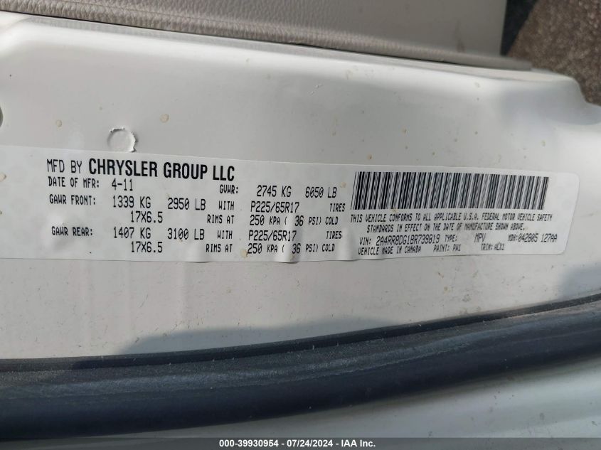 2011 Chrysler Town & Country Touring-L VIN: 2A4RR8DG1BR739819 Lot: 39930954