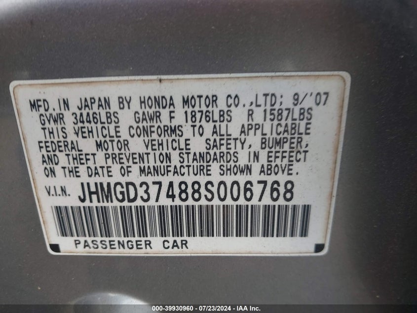 2008 Honda Fit VIN: JHMGD37488S006768 Lot: 39930960