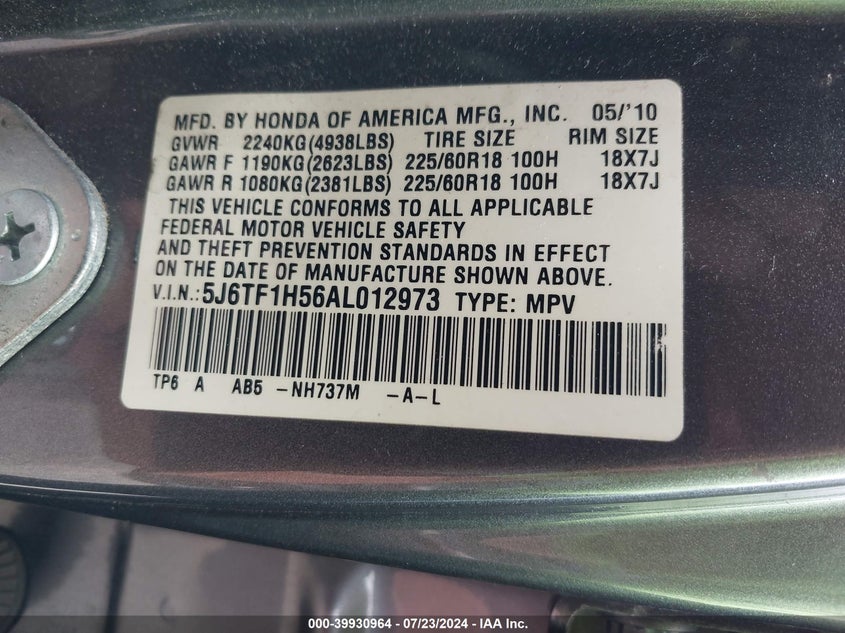 2010 Honda Accord Crosstour Ex-L VIN: 5J6TF1H56AL012973 Lot: 39930964