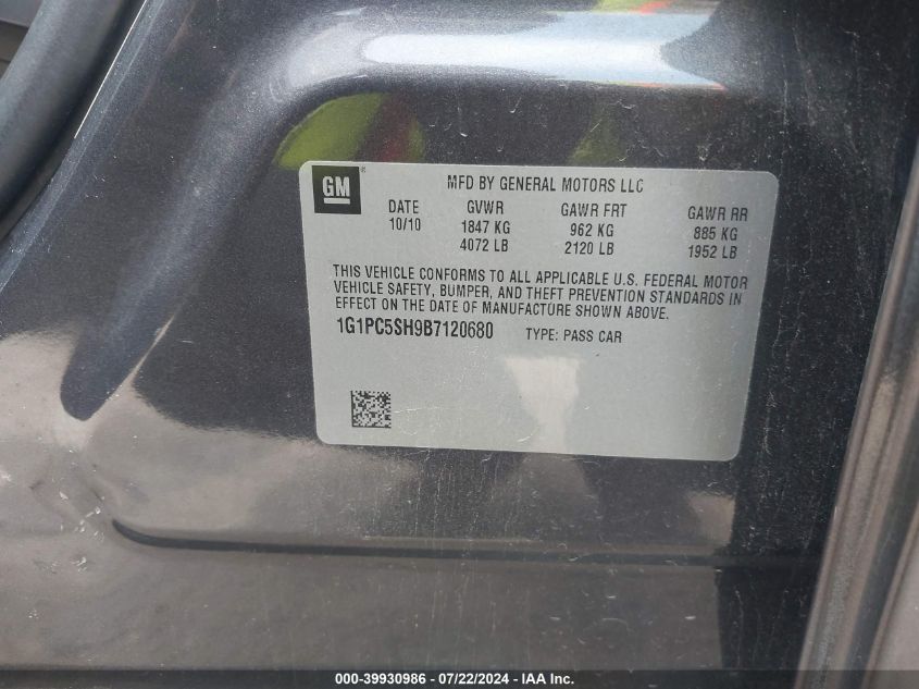 2011 Chevrolet Cruze Ls VIN: 1G1PC5SH9B7120680 Lot: 39930986