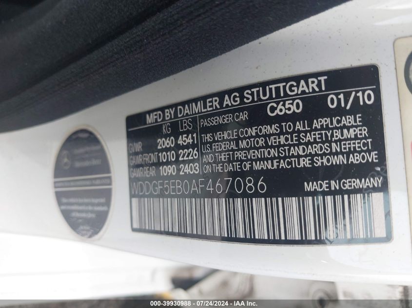 2010 Mercedes-Benz C 300 300 VIN: WDDGF5EB0AF467086 Lot: 39930988