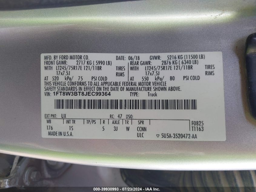 2018 Ford F-350 Xl VIN: 1FT8W3BT8JEC99364 Lot: 39930993