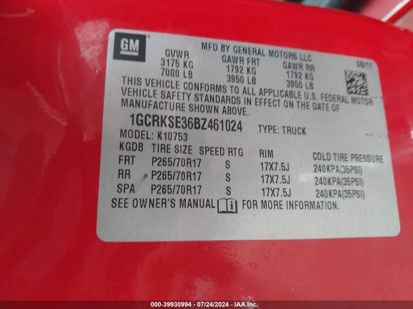 2011 Chevrolet Silverado 1500 Lt VIN: 1GCRKSE36BZ461024 Lot: 39930994