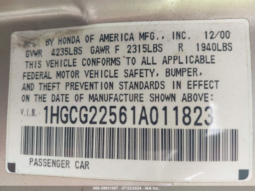 2001 Honda Accord 3.0 Ex VIN: 1HGCG22561A011823 Lot: 39931007