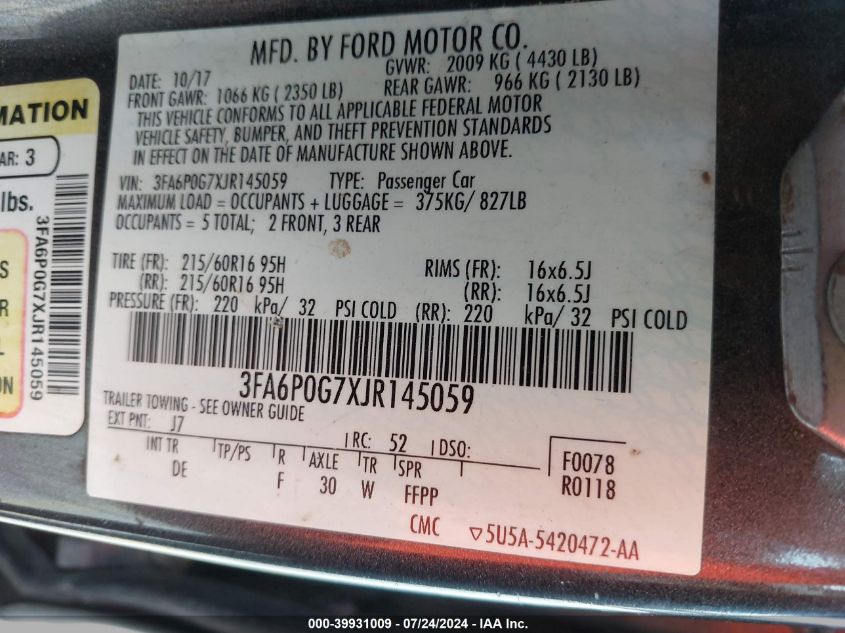 2018 FORD FUSION S - 3FA6P0G7XJR145059