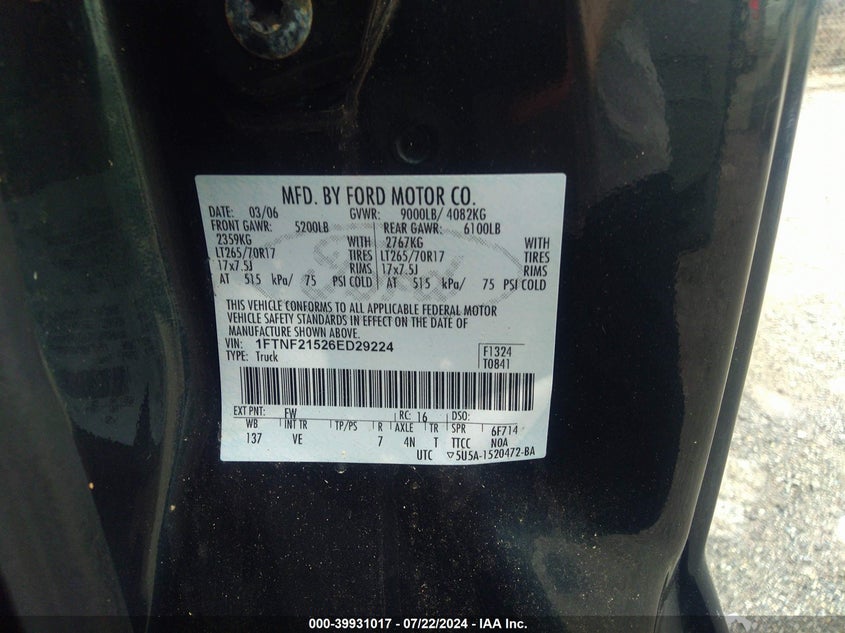 2006 Ford F-250 Xl/Xlt VIN: 1FTNF21526ED29224 Lot: 39931017