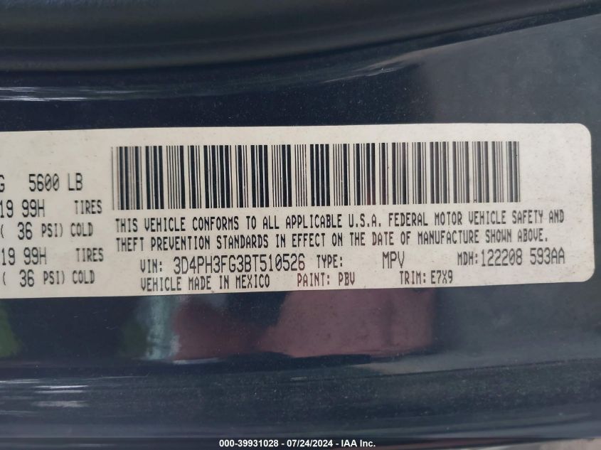 2011 Dodge Journey Crew VIN: 3D4PH3FG3BT510526 Lot: 39931028