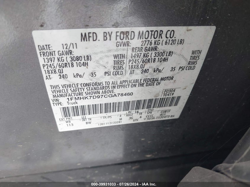 1FMHK7D97CGA78460 2012 Ford Explorer Xlt