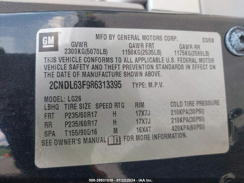 2008 Chevrolet Equinox Lt VIN: 2CNDL63F986313395 Lot: 39931035