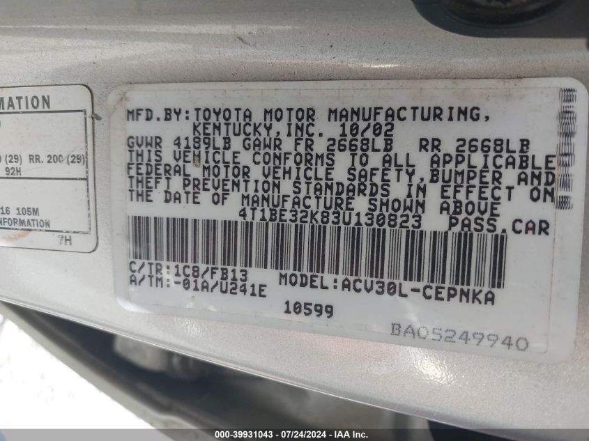 2003 Toyota Camry Le/Xle/Se VIN: 4T1BE32K83U130823 Lot: 39931043