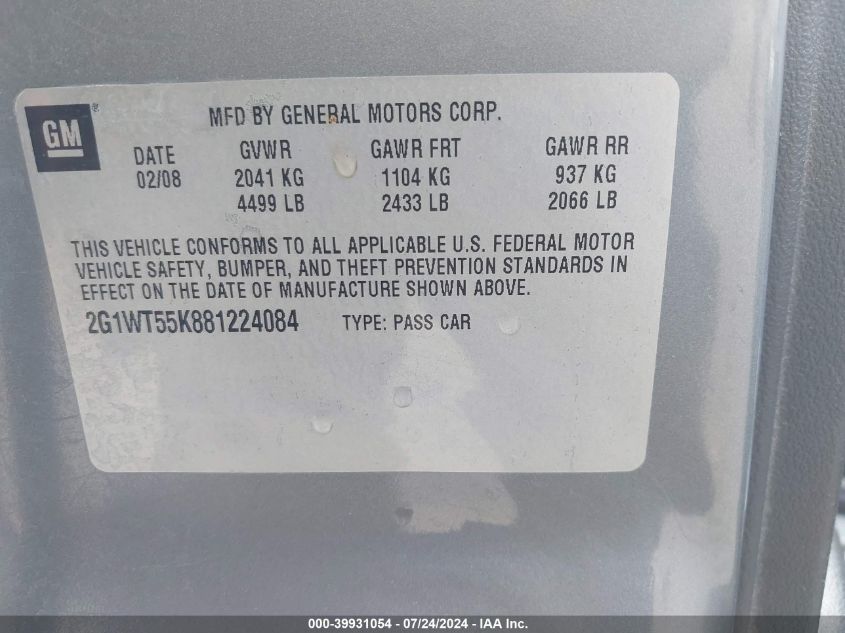 2008 Chevrolet Impala Lt VIN: 2G1WT55K881224084 Lot: 39931054