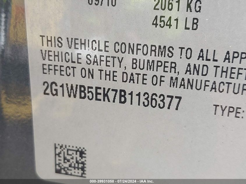 2011 Chevrolet Impala Lt VIN: 2G1WB5EK7B1136377 Lot: 39931058