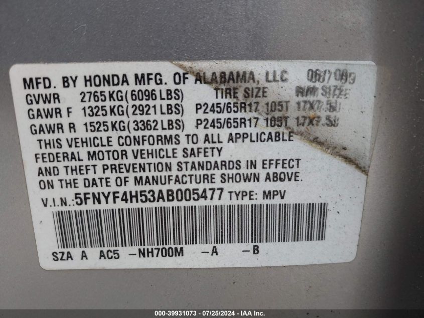 2010 Honda Pilot Ex-L VIN: 5FNYF4H53AB005477 Lot: 39931073