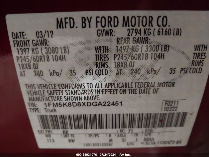 2013 Ford Explorer Xlt VIN: 1FM5K8D8XDGA22451 Lot: 39931076