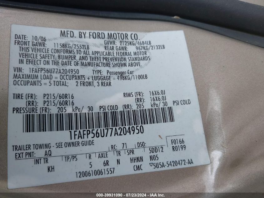 2007 Ford Taurus Sel VIN: 1FAFP56U77A204950 Lot: 39931090