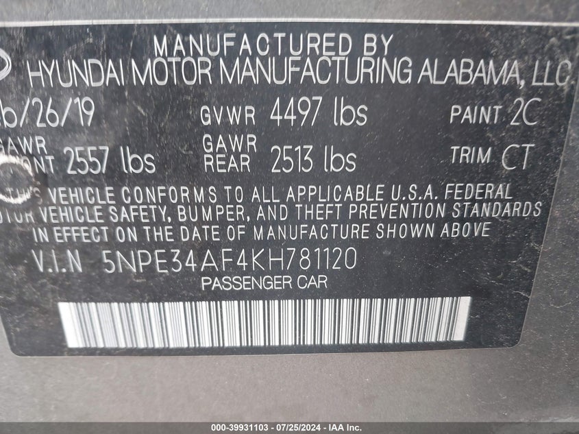 2019 Hyundai Sonata Sport VIN: 5NPE34AF4KH781120 Lot: 39931103
