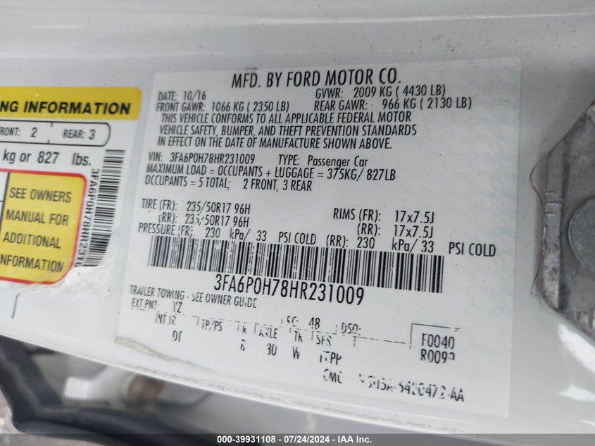 2017 Ford Fusion Se VIN: 3FA6P0H78HR231009 Lot: 39931108