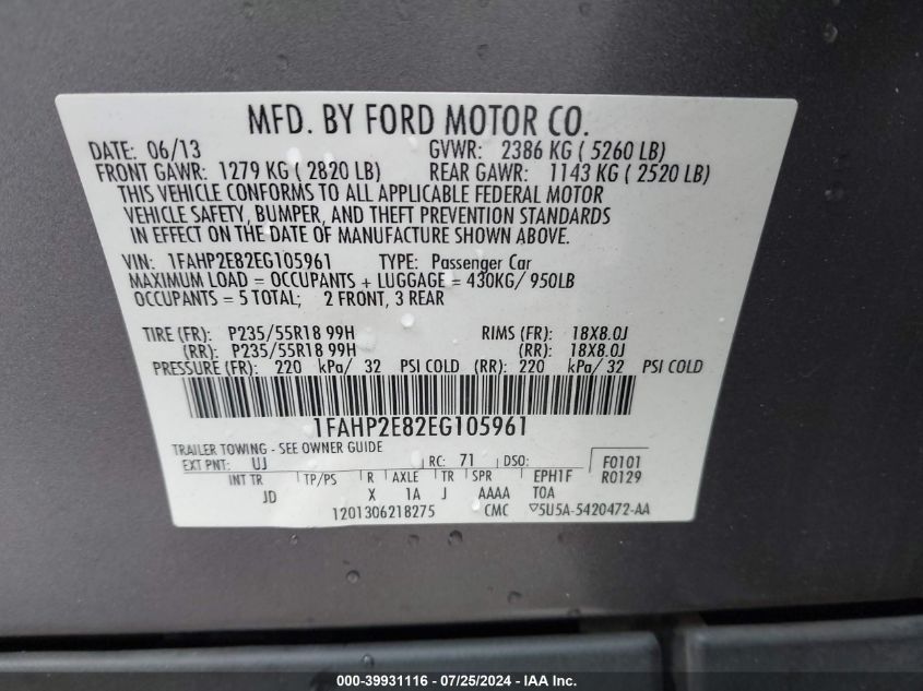 2014 Ford Taurus Sel VIN: 1FAHP2E82EG105961 Lot: 39931116